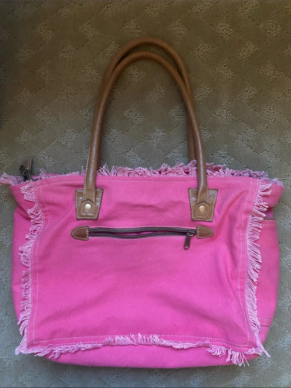 Pink Canvas Tote Bag with Brown Handles - Picture 2 of 3